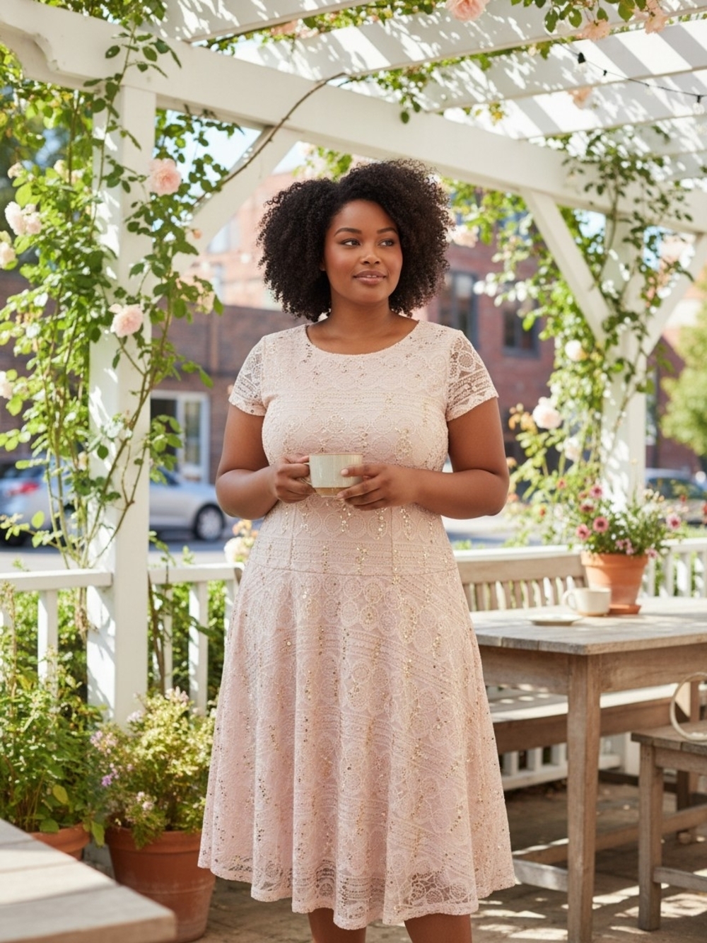 Signature by Sangria Blush Lace A-Line Sequin Midi Dress
